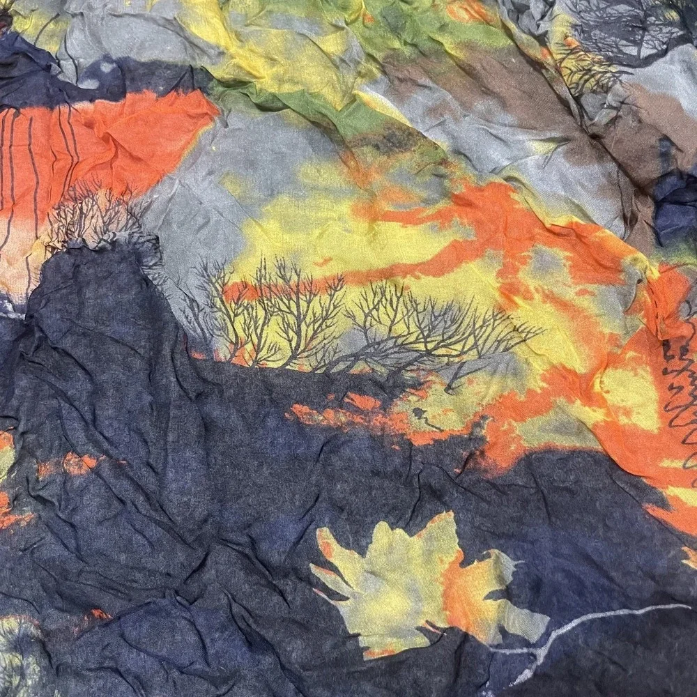 Alhariri Silk Scarf Womens OS Multicolor Abstract Landscape Crinkle Print Art